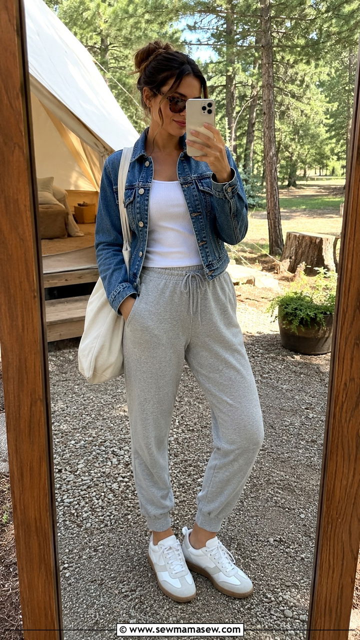 Denim Jacket Joggers and Sneakers Spring Camping Look - 30 Spring camping trip outfits
