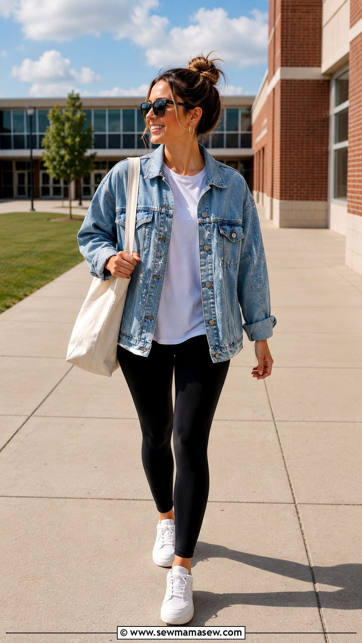 Denim Jacket Layer with Leggings and Tee - 25 PE teacher outfit ideas