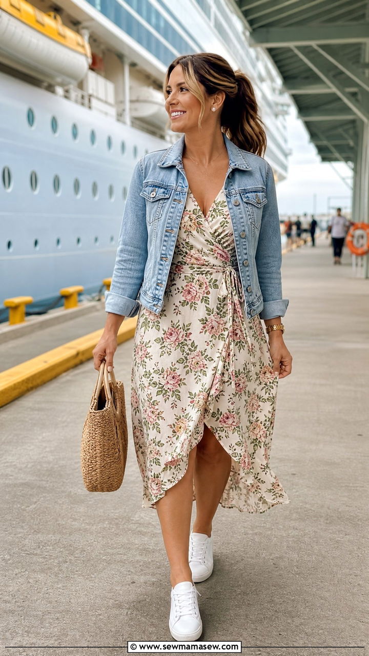 Denim Jacket Layered Over A Floral Wrap Dress - 30 Cruise embarkation outfit ideas