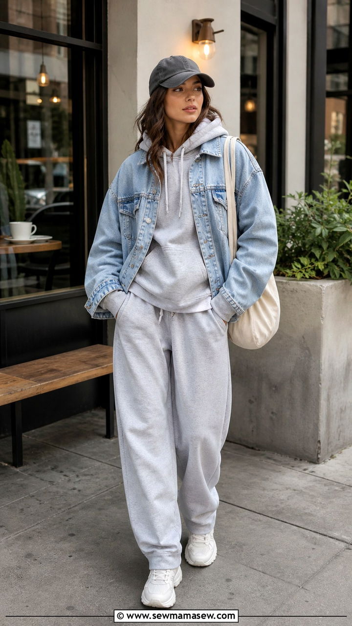 Denim Jacket Layered Over A Hoodie And Sweatpants - 40 denim jacket outfit ideas