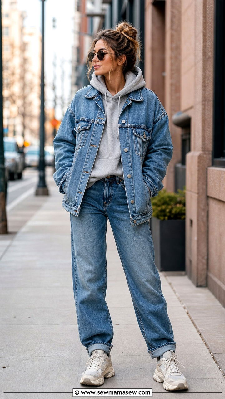 Denim Jacket Layered Over A Hoodie With Jeans - 35 Canadian tuxedo outfit ideas