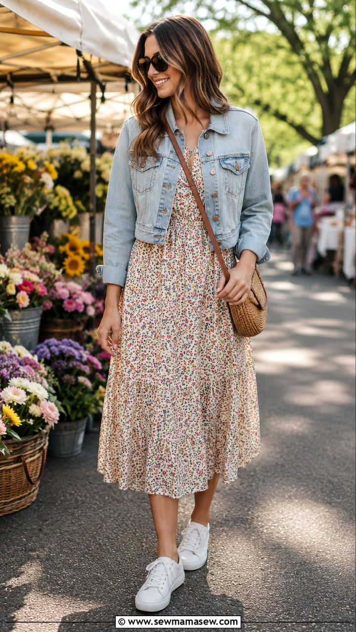 Denim Jacket Layered Over A Midi Dress With White Sneakers - 30 Midi dress outfit ideas with sneakers