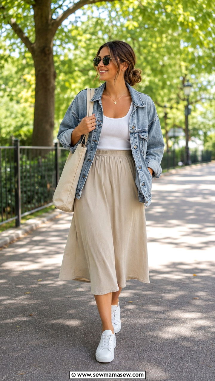Denim Jacket Layered Over A Midi Skirt - 30 Midi skirt outfit ideas for summer