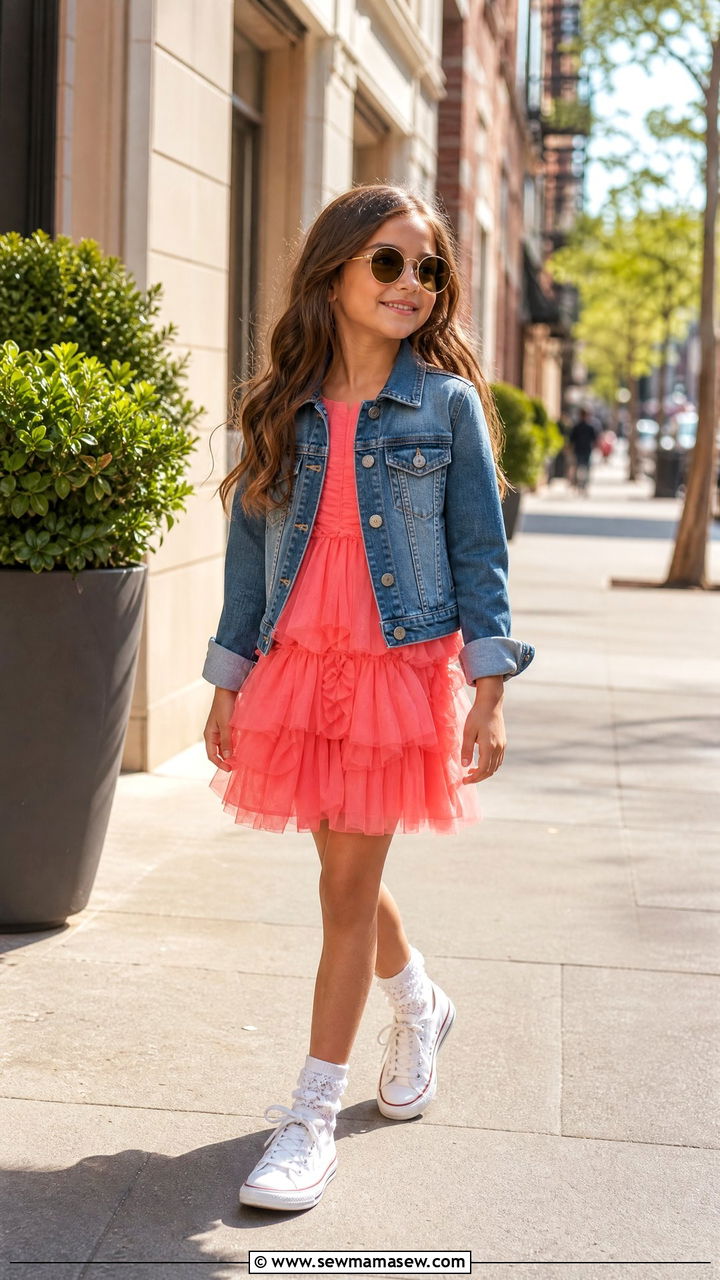 Denim Jacket Layered Over Birthday Party Dress - 30 Kids birthday outfit ideas