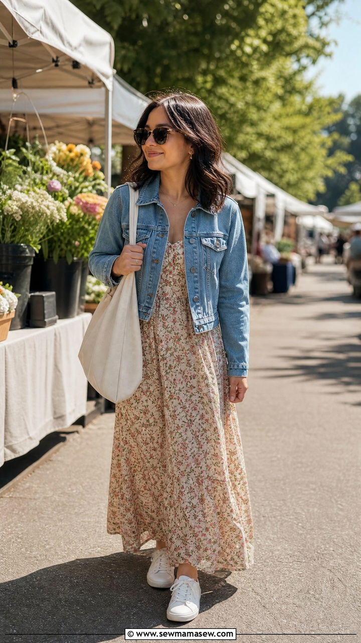 Denim Jacket Layered Over Maxi Dress With White Sneakers - 25 Maxi dress for petite outfit ideas