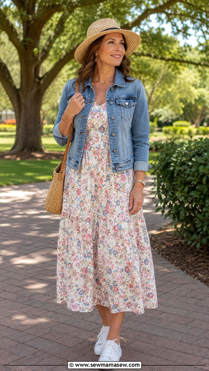 Denim Jacket Layered Over Sundress - 30 Modest outfit ideas for women over 40