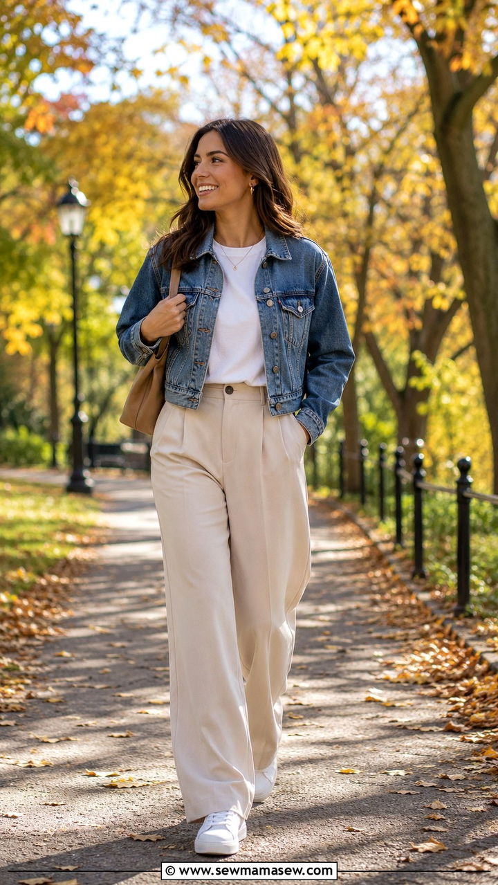 Denim Jacket Layered Over Wide Leg Trousers - 30 how to style wide leg pants outfits