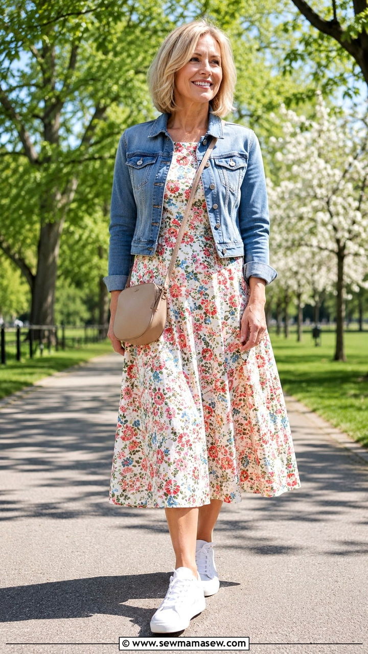 Denim Jacket Layered Over a Fit and Flare Dress - 25 Outfit ideas for rectangle over 50
