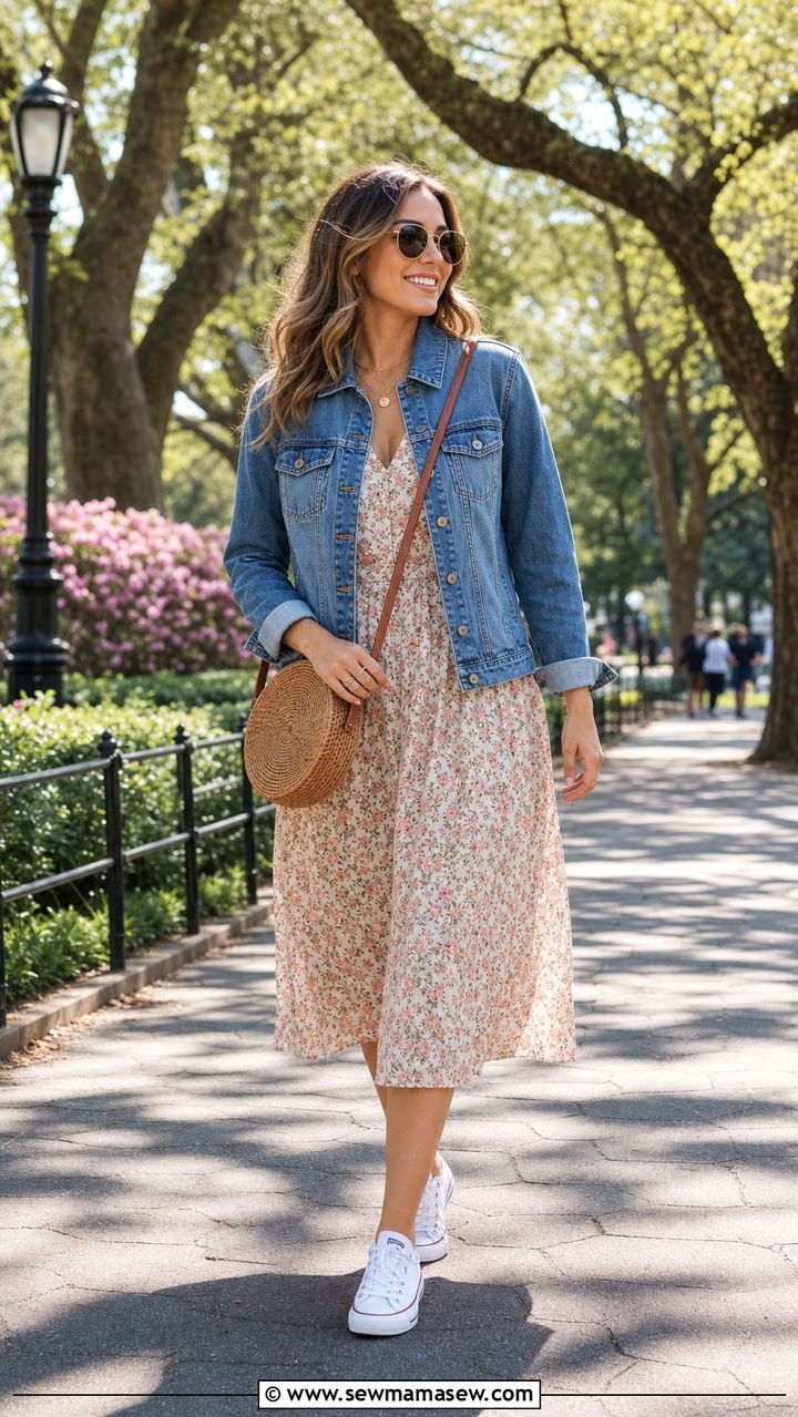 Denim Jacket Layered Over a Floral Midi Sundress Outfit - 25 errands outfits Pinterest