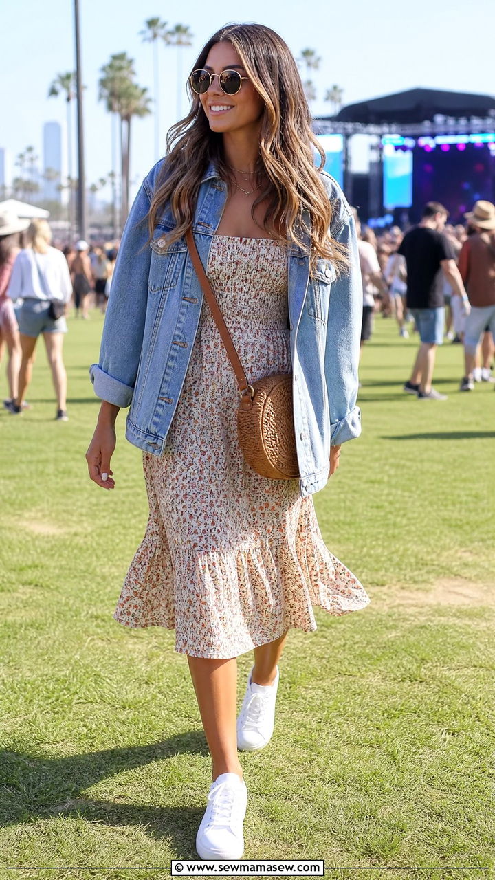 Denim Jacket Layered Over a Flowy Midi Dress - 30 Outdoor concert outfit ideas