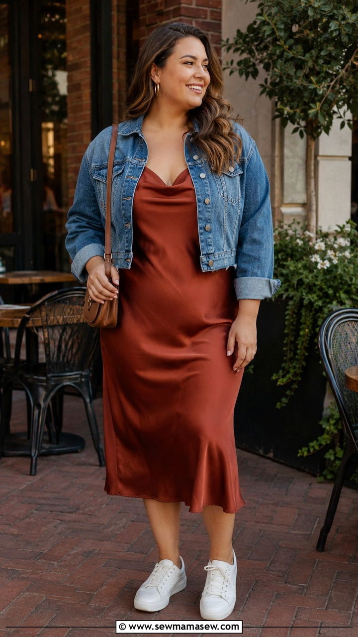 Denim Jacket Layered Over a Slip Dress - 30 plus size dinner outfit ideas