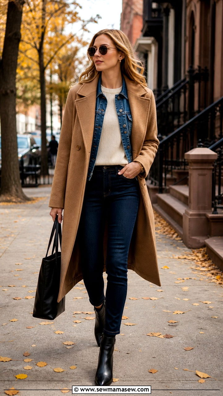 Denim Jacket Layered Under A Long Wool Coat - 40 denim jacket outfit ideas