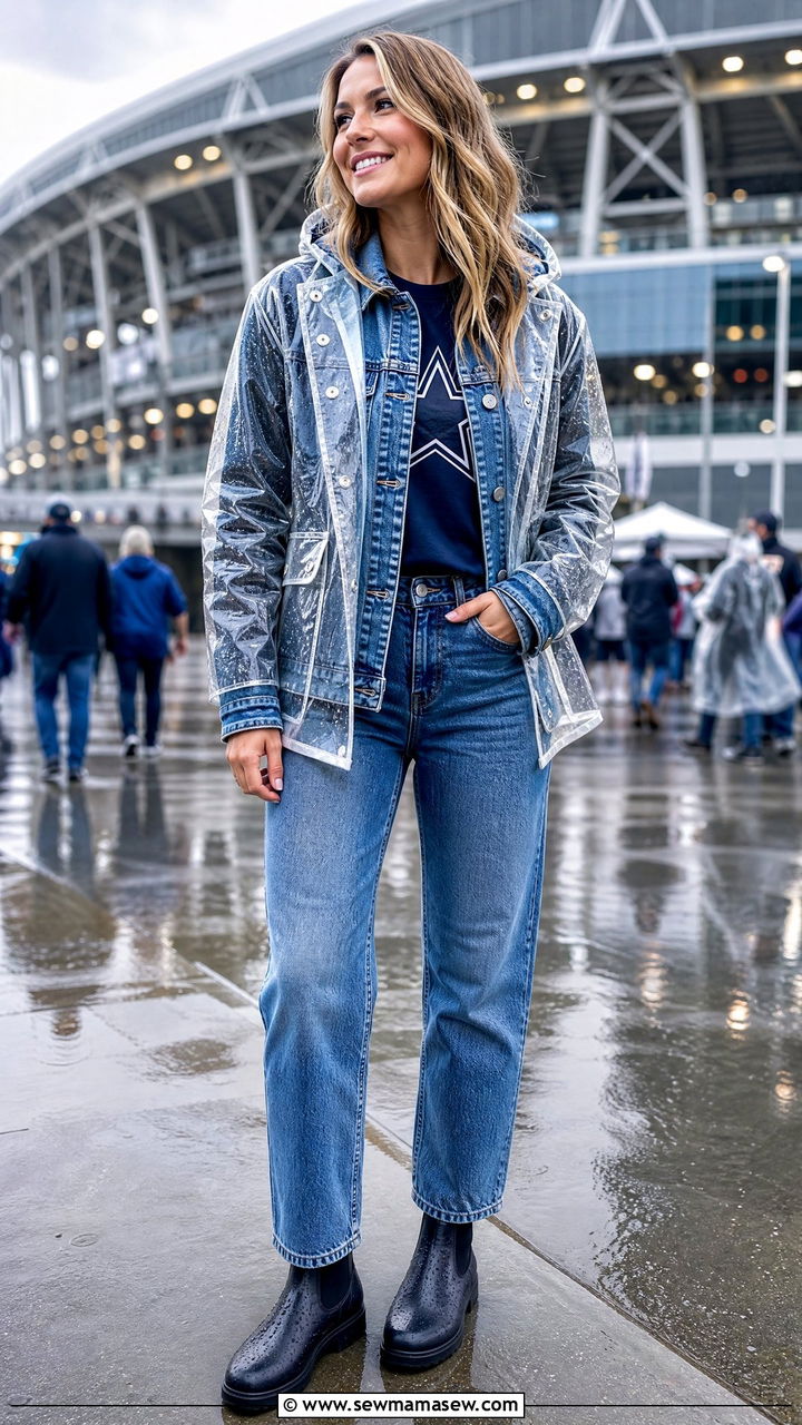 Denim Jacket Layered Under A Rain Shell - 25 Gameday outfit ideas rainy weather
