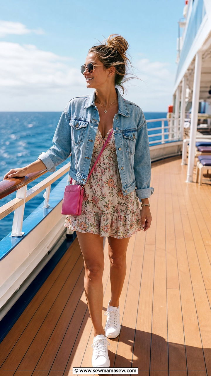 Denim Jacket Layered over Sundress - 30 Cruise packing list outfits