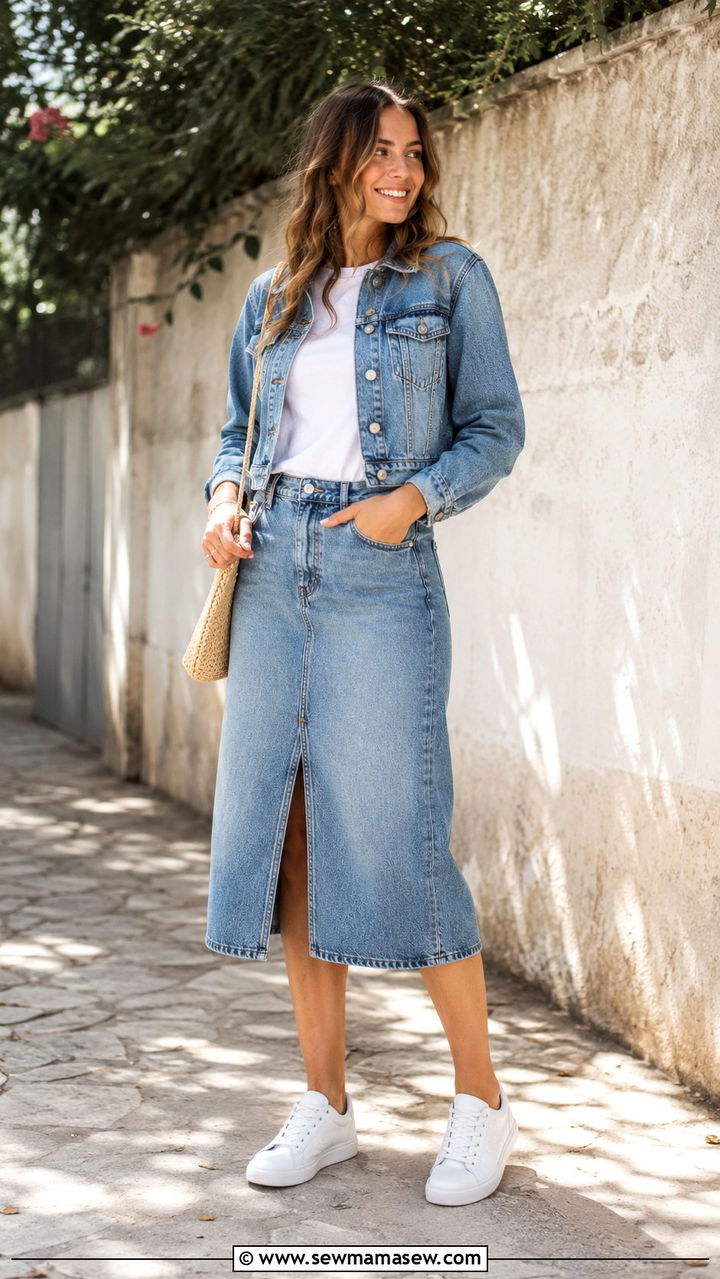 Denim Jacket Midi Denim Skirt White Sneakers - 30 classy 90s outfit ideas