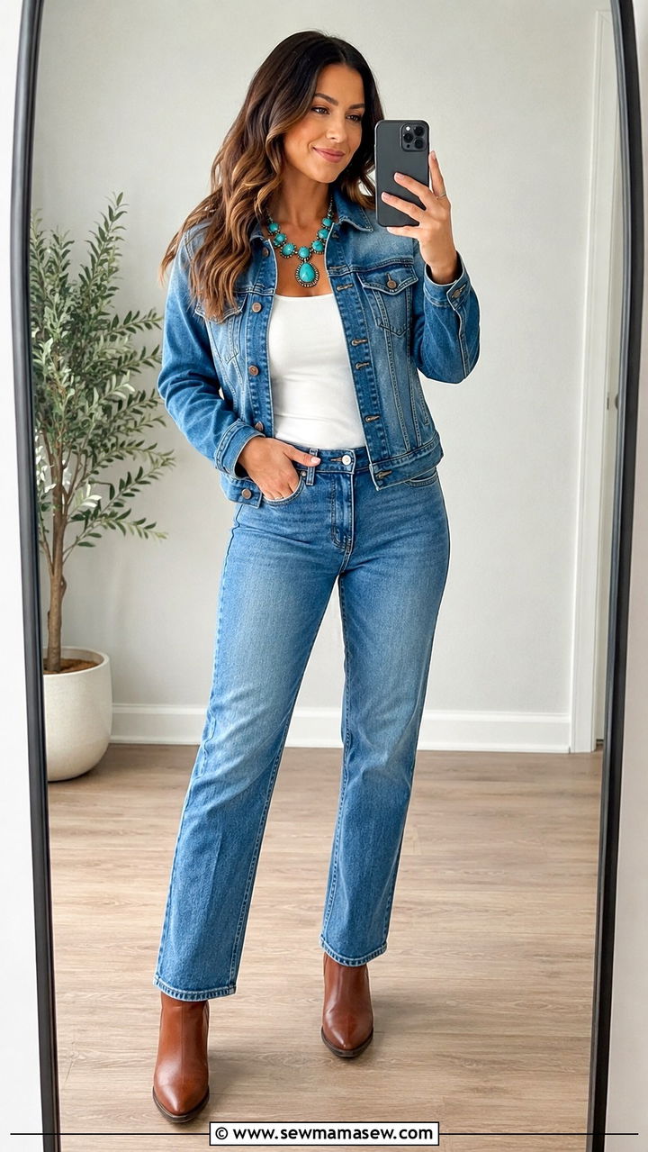 Denim Jacket Outfit With Turquoise Statement Necklace - 20 Western outfit ideas with turquoise jewelry