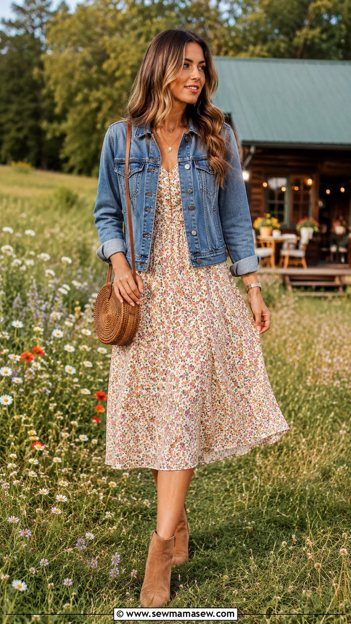 Denim Jacket Outfit with Floral Midi Dress and Ankle Boots - 30 Spring cabin weekend outfits
