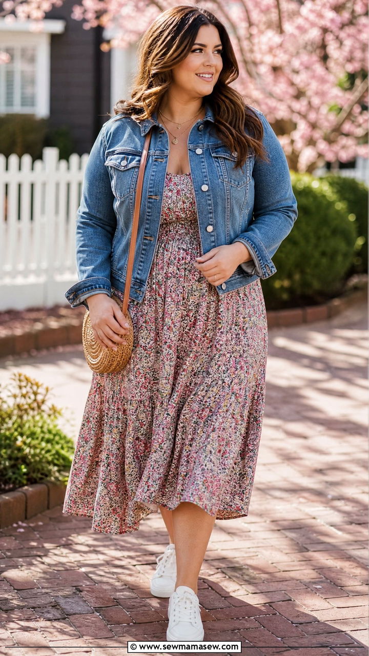 Denim Jacket Over A Floral Midi Dress - 25 Outfit ideas for curvy lower body