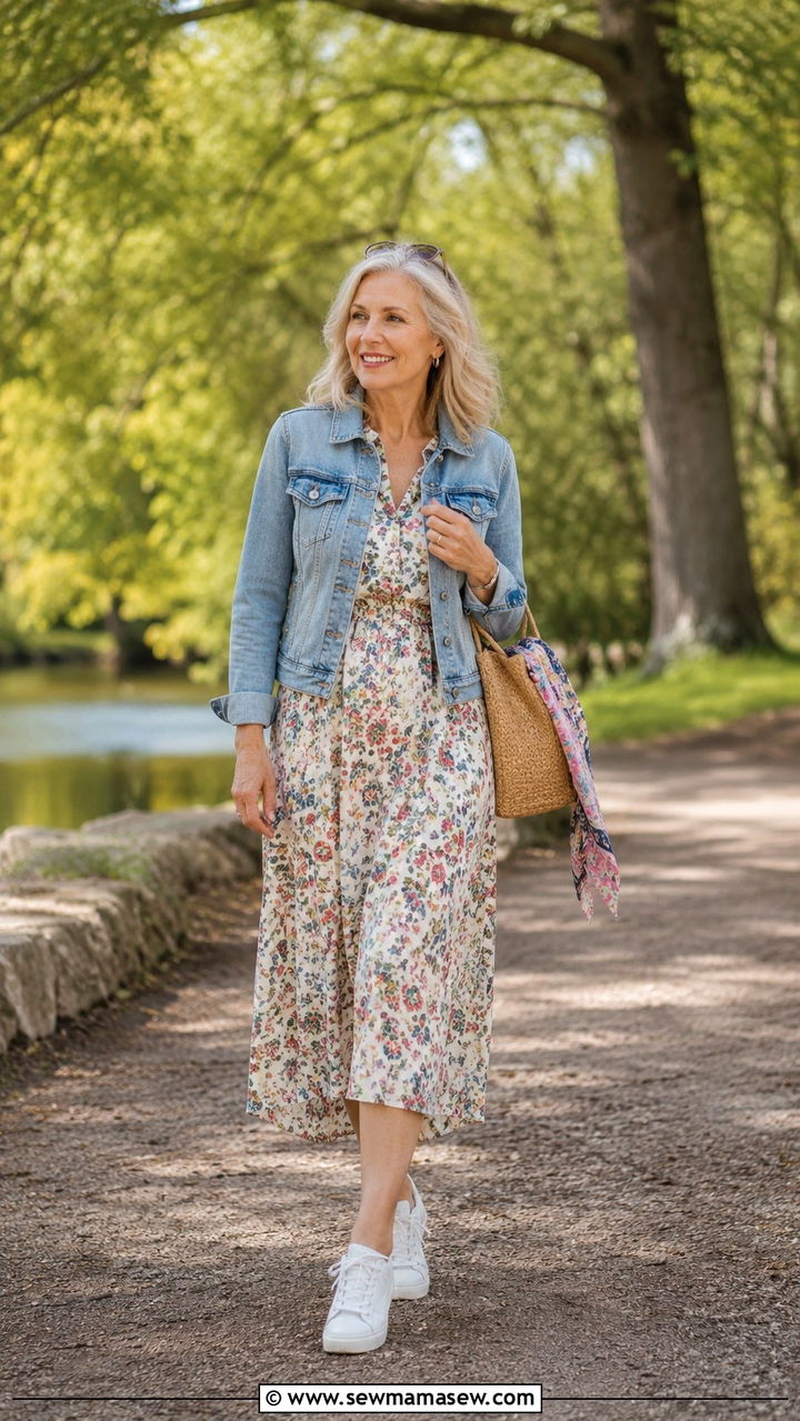 Denim Jacket Over A Floral Midi Dress - 30 Picnic outfits for women over 50