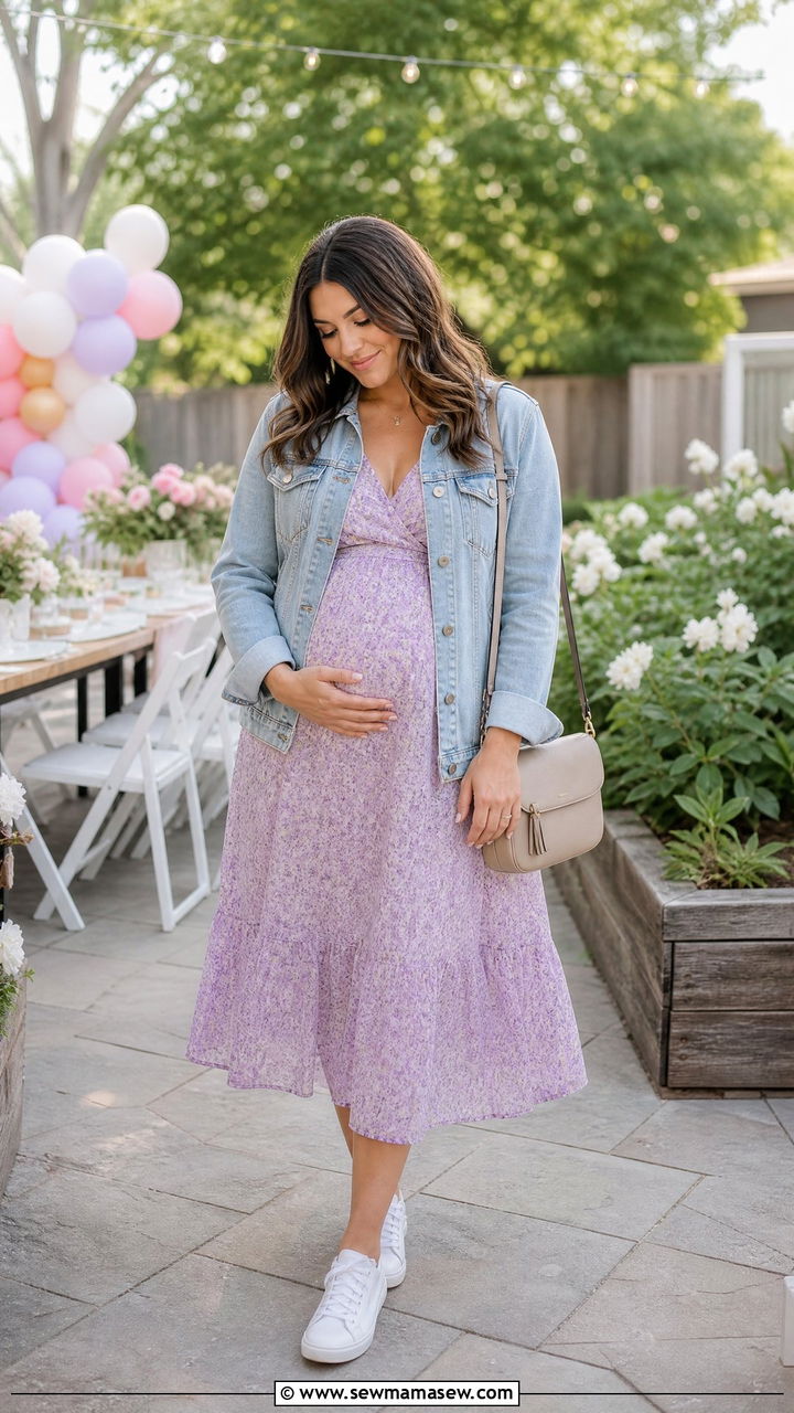 Denim Jacket Over A Floral Midi Dress - 25 Casual baby shower outfits