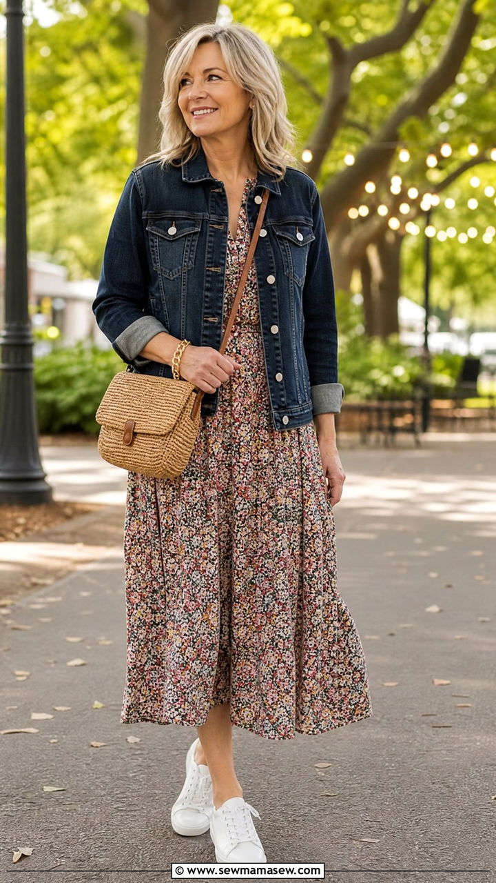 Denim Jacket Over A Floral Midi Dress - 35 Going out outfit ideas women over 50
