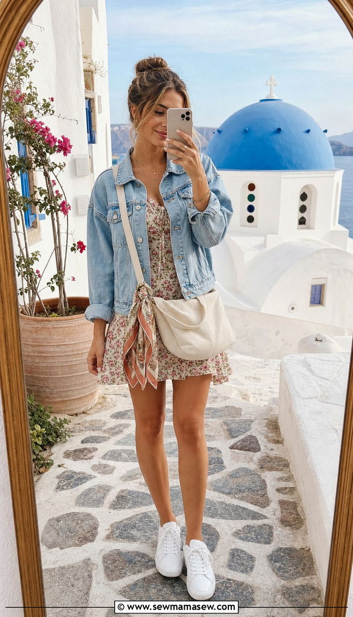 Denim Jacket Over A Floral Sundress - 25 Spring week in Greece outfits