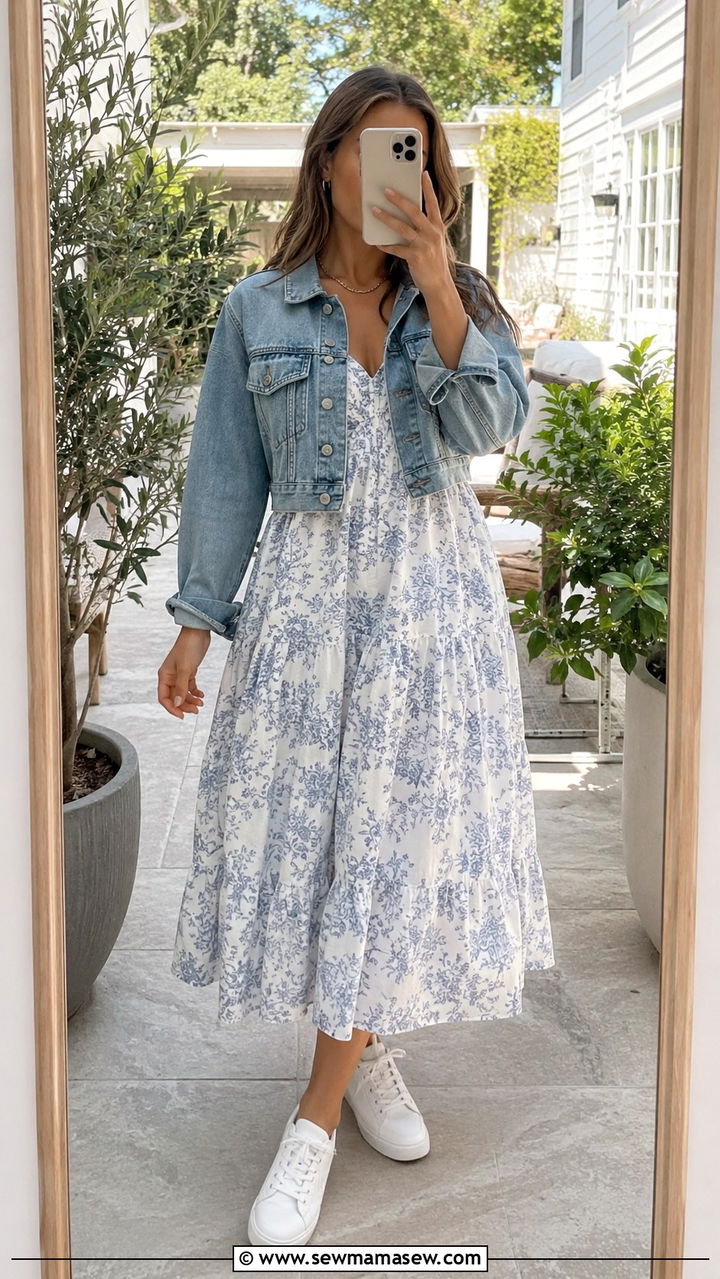 Denim Jacket Over A Flowy Midi Dress - 25 Outfit ideas for apple shape summer