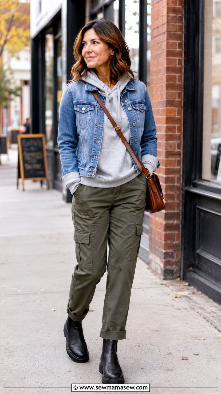 Denim Jacket Over A Hoodie With Cargo Pants Outfit - 20 denim jacket outfits for women over 40