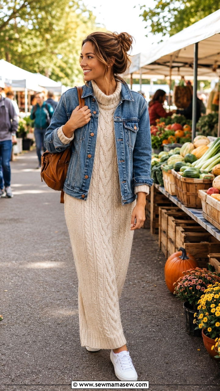 Denim Jacket Over A Maxi Sweater Dress - 30 transitional modest outfit ideas