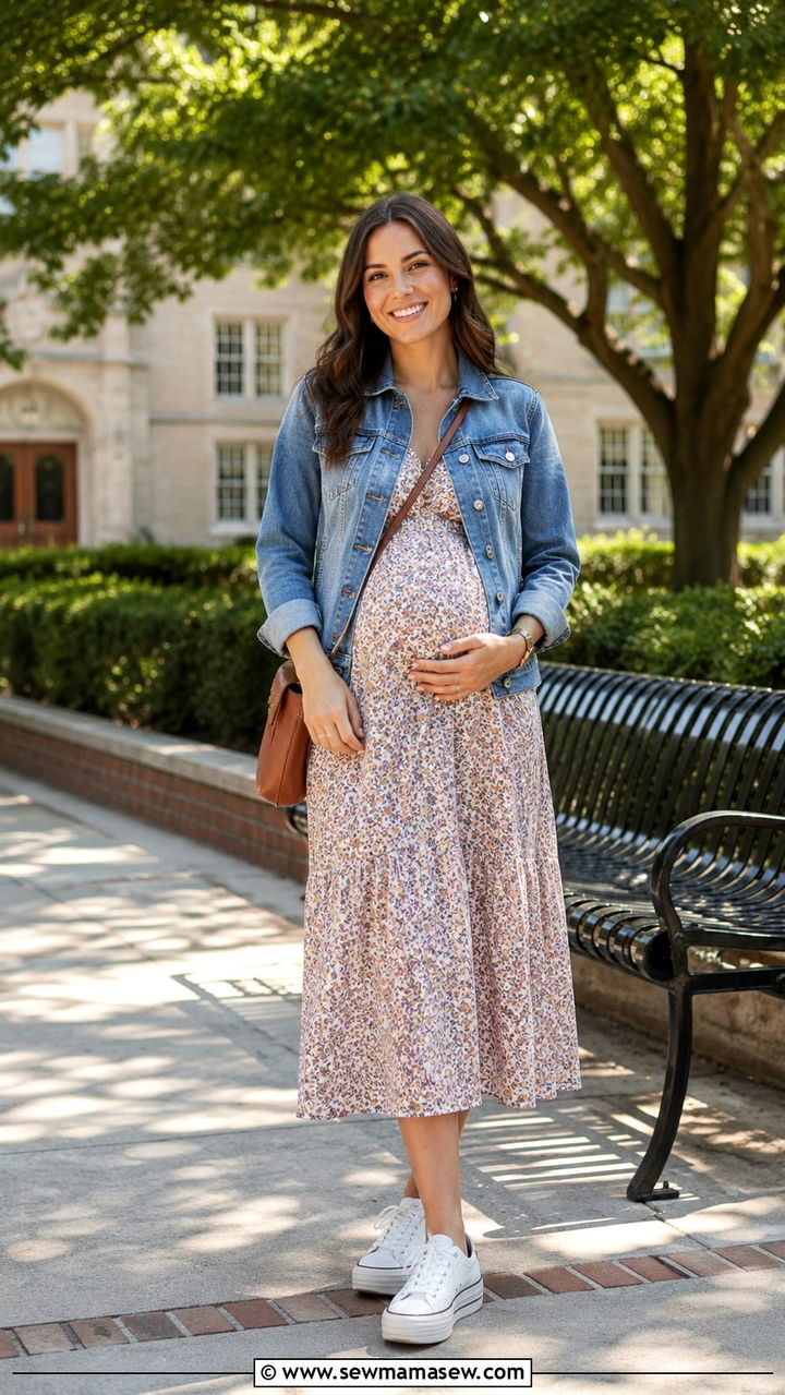 Denim Jacket Over A Midi Dress With Platform Sneakers - 25 Nursing student outfit ideas