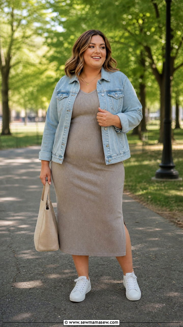 Denim Jacket Over A Midi Dress With White Sneakers - 35 Midsize capsule wardrobe