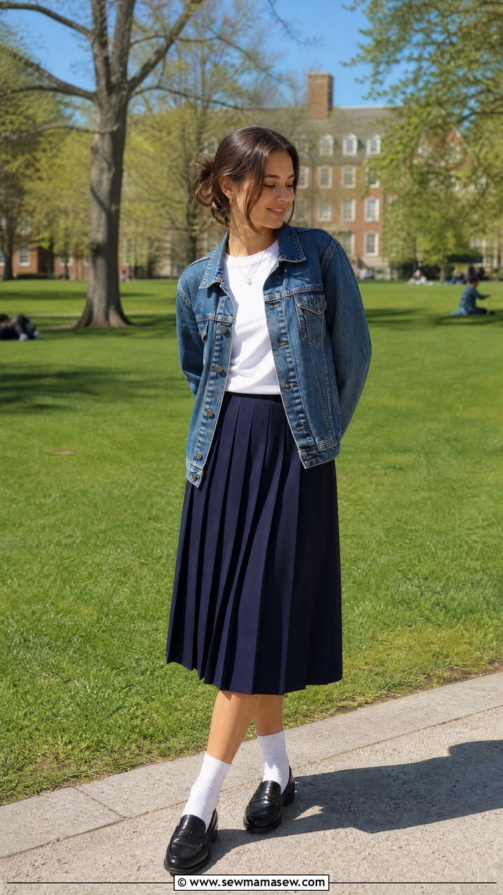 Denim Jacket Over A Pleated Skirt With Loafers - 35 Ivy league outfit ideas