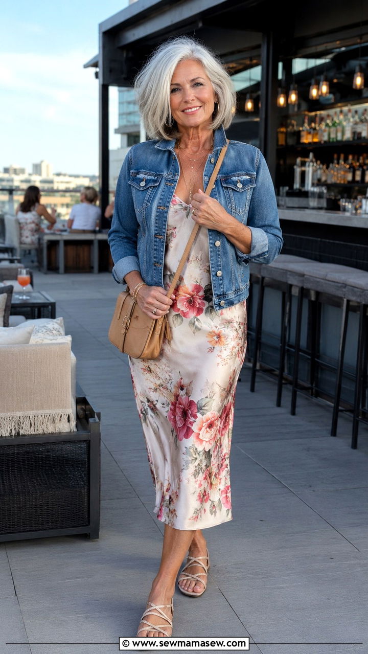 Denim Jacket Over A Slip Dress - 30 Night out outfit ideas women over 60