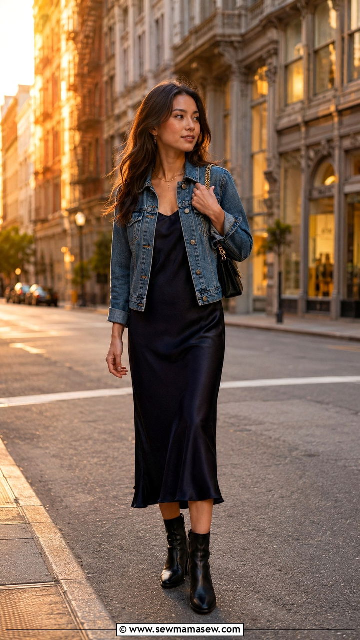 Denim Jacket Over A Slip Dress With Ankle Boots - 25 Petite outfit ideas from Banana Republic