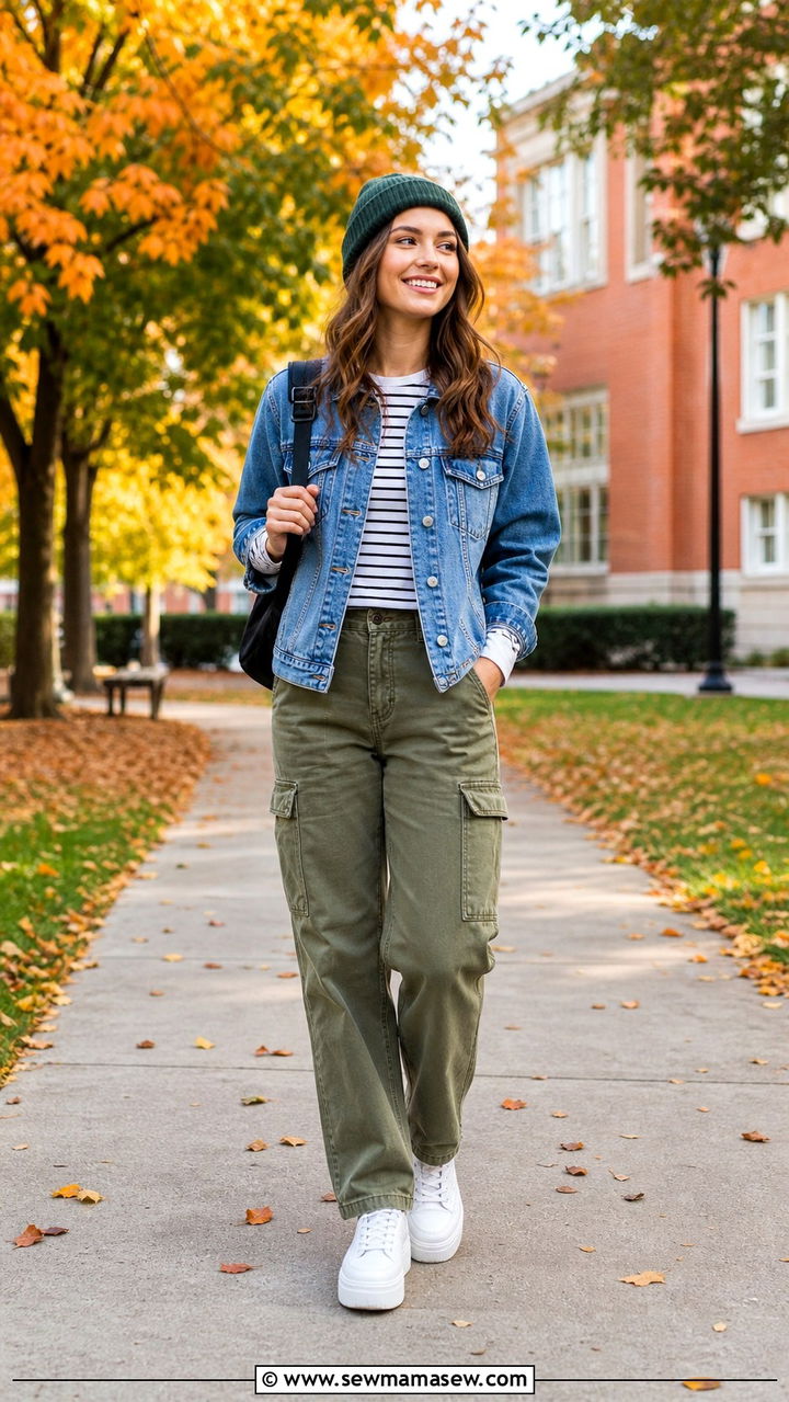 Denim Jacket Over A Striped Tee And Cargo Pants - 40 back to school outfit ideas