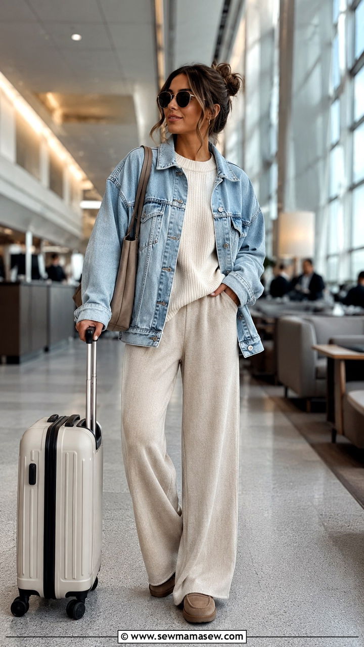 Denim Jacket Over Cozy Sweater With Wide Leg Trousers Airport Look - 30 How to style a denim jacket for travel