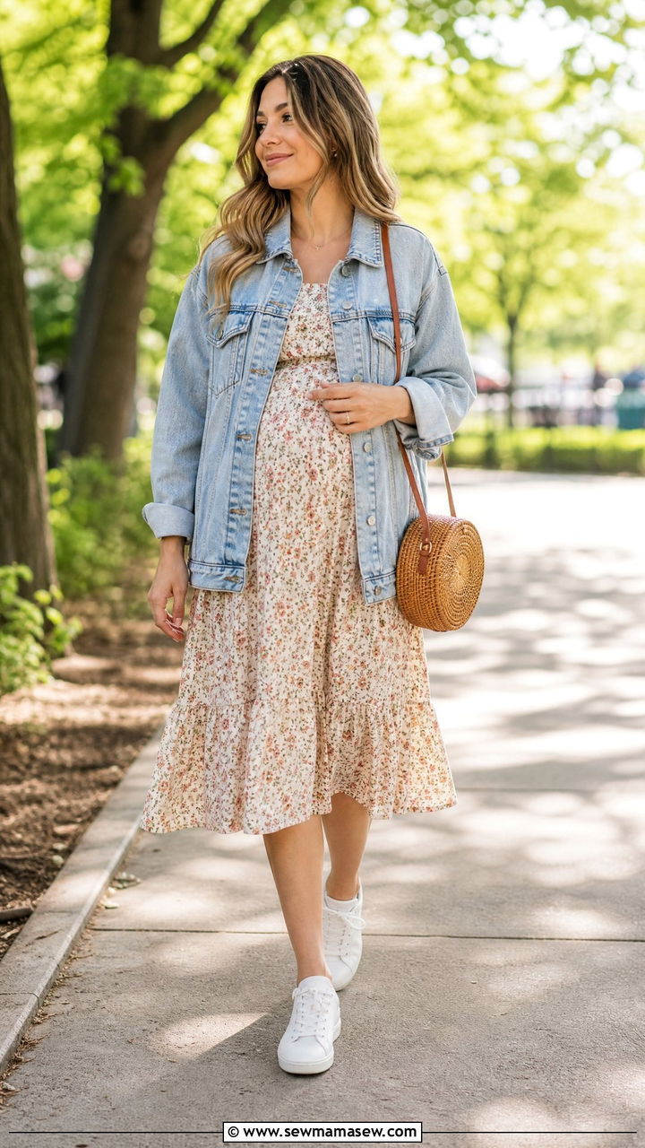 Denim Jacket Over Floral Dress First Trimester - 25 First trimester mom outfit ideas