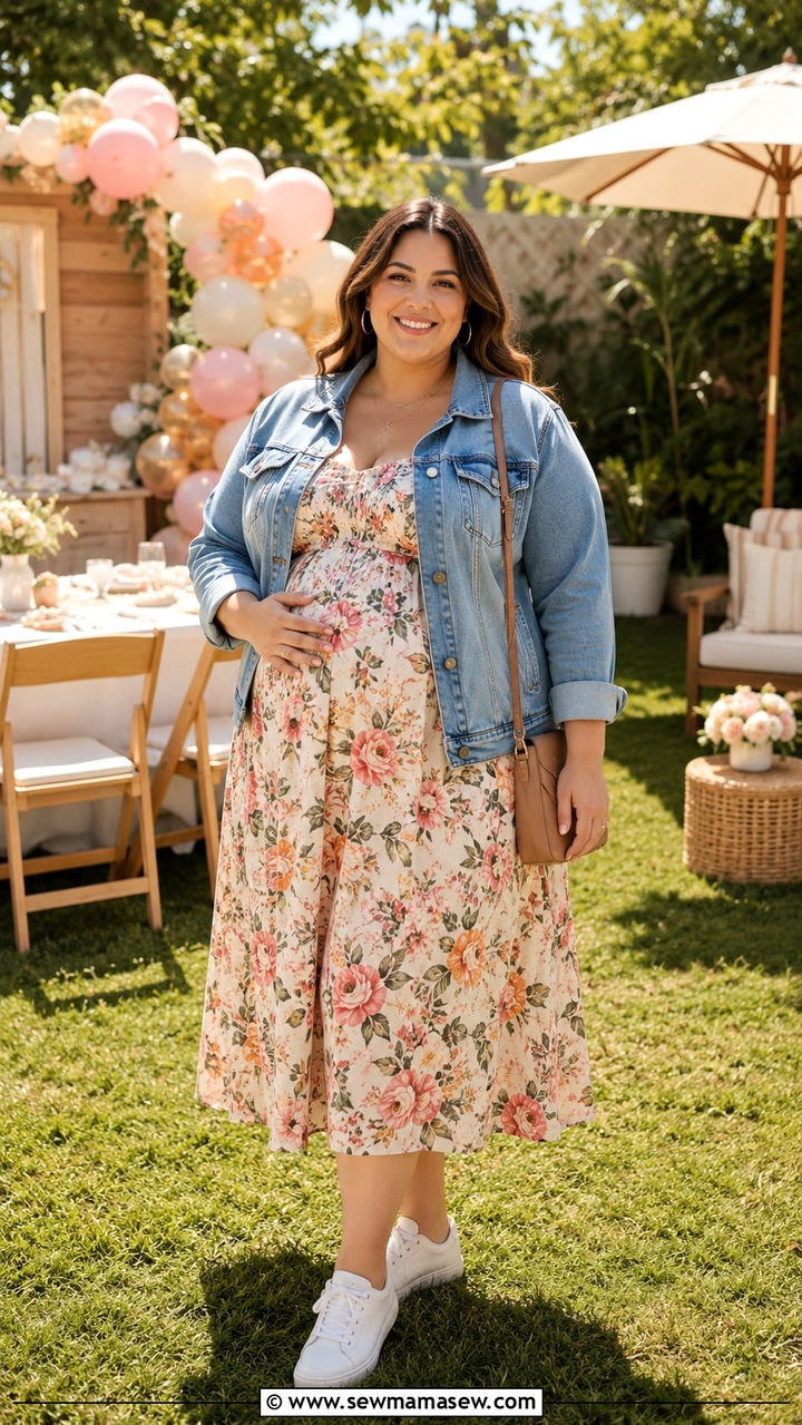 Denim Jacket Over Floral Dress With White Sneakers - 30 Plus size outfit ideas for baby shower