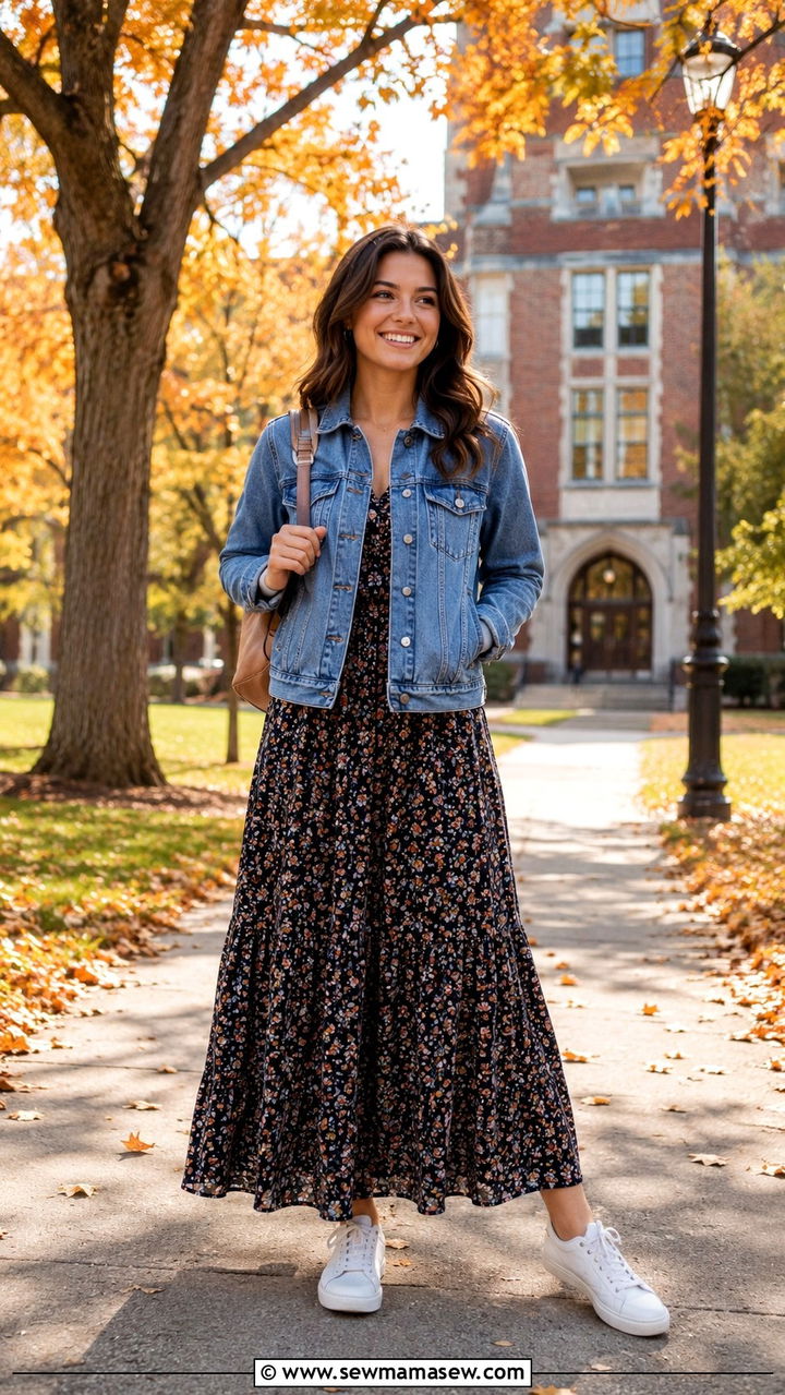 Denim Jacket Over Floral Maxi Dress - 30 transitional teacher outfit ideas