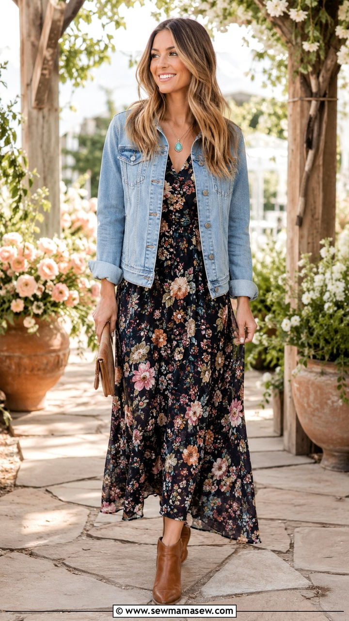 Denim Jacket Over Floral Maxi Dress With Booties - 30 spring western outfit ideas