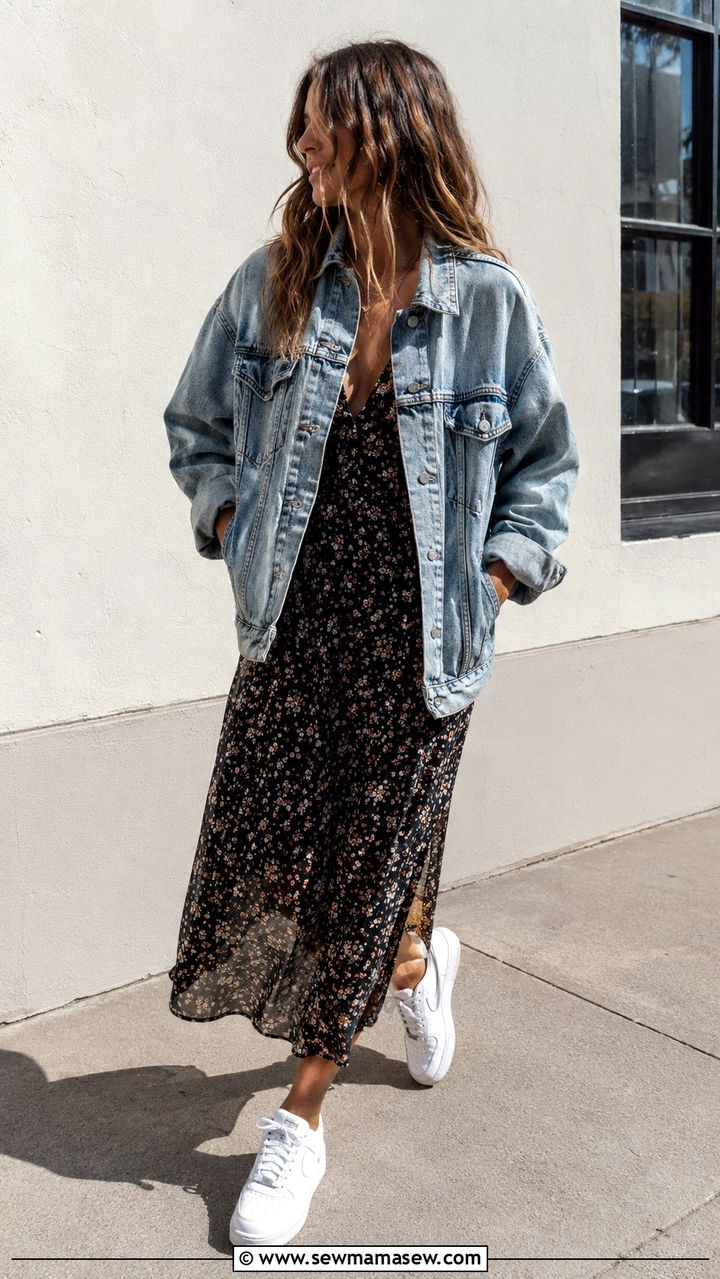 Denim Jacket Over Floral Maxi Dress With White Sneakers - 30 casual edgy outfits
