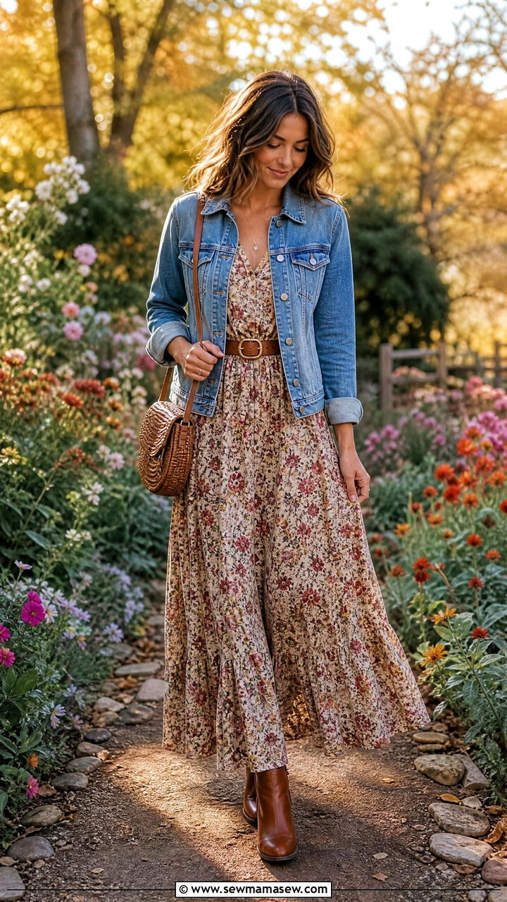 Denim Jacket Over Floral Maxi Dress and Ankle Boots - 40 summer to fall outfits
