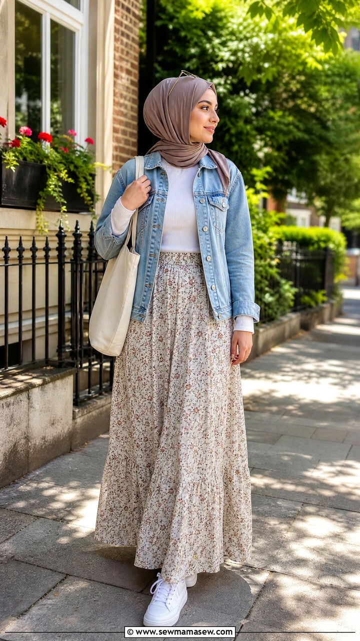 Denim Jacket Over Floral Maxi Skirt - 30 Ramadan outfit ideas modest