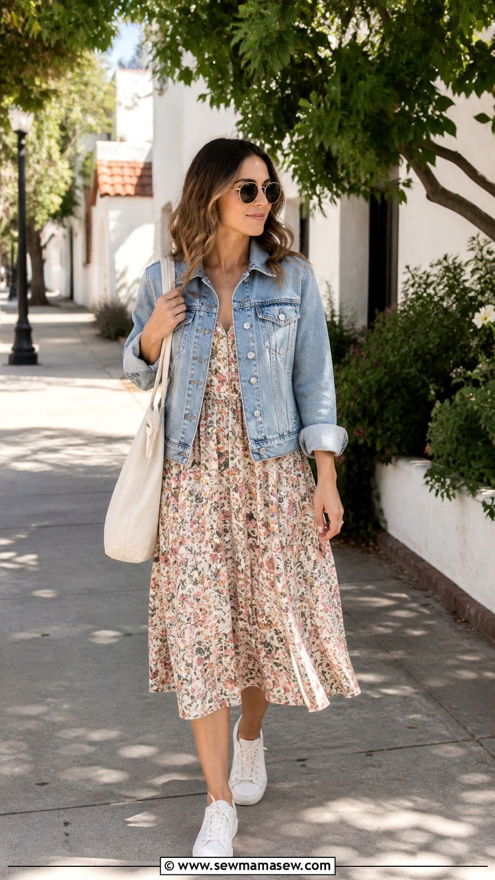 Denim Jacket Over Floral Midi Dress - 40 Summer outfit ideas