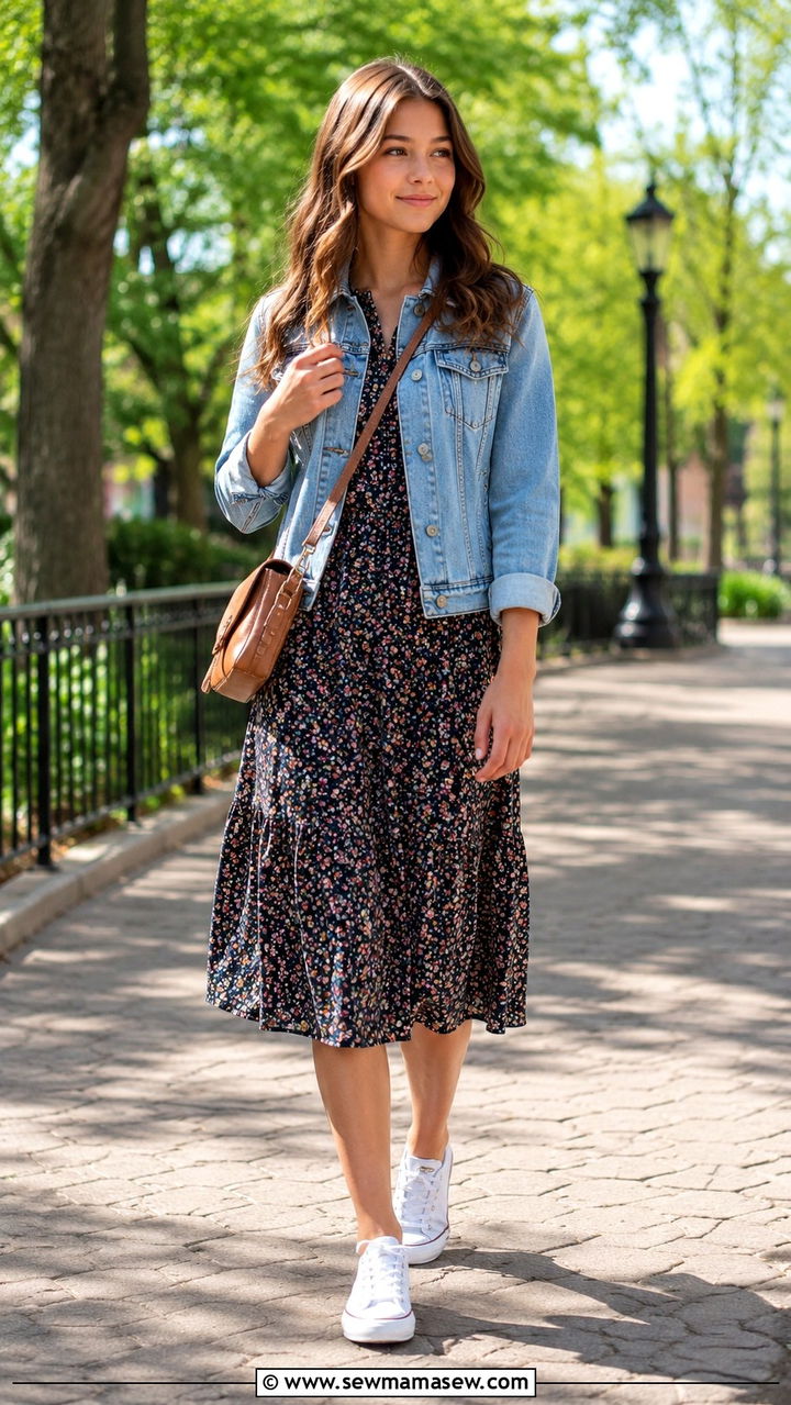 Denim Jacket Over Floral Midi Dress - 30 Modest outfit ideas for teens