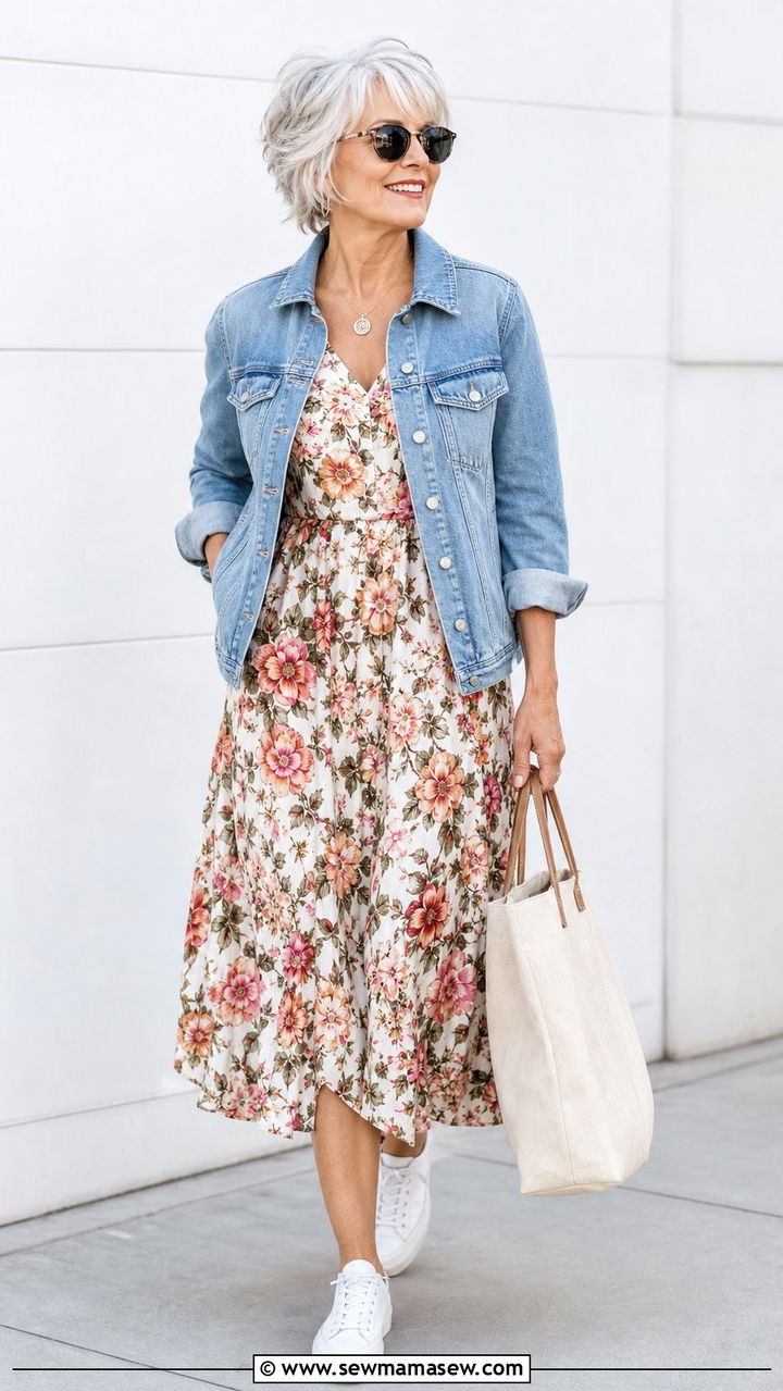 Denim Jacket Over Floral Midi Dress - 35 Brunch outfits for women over 60