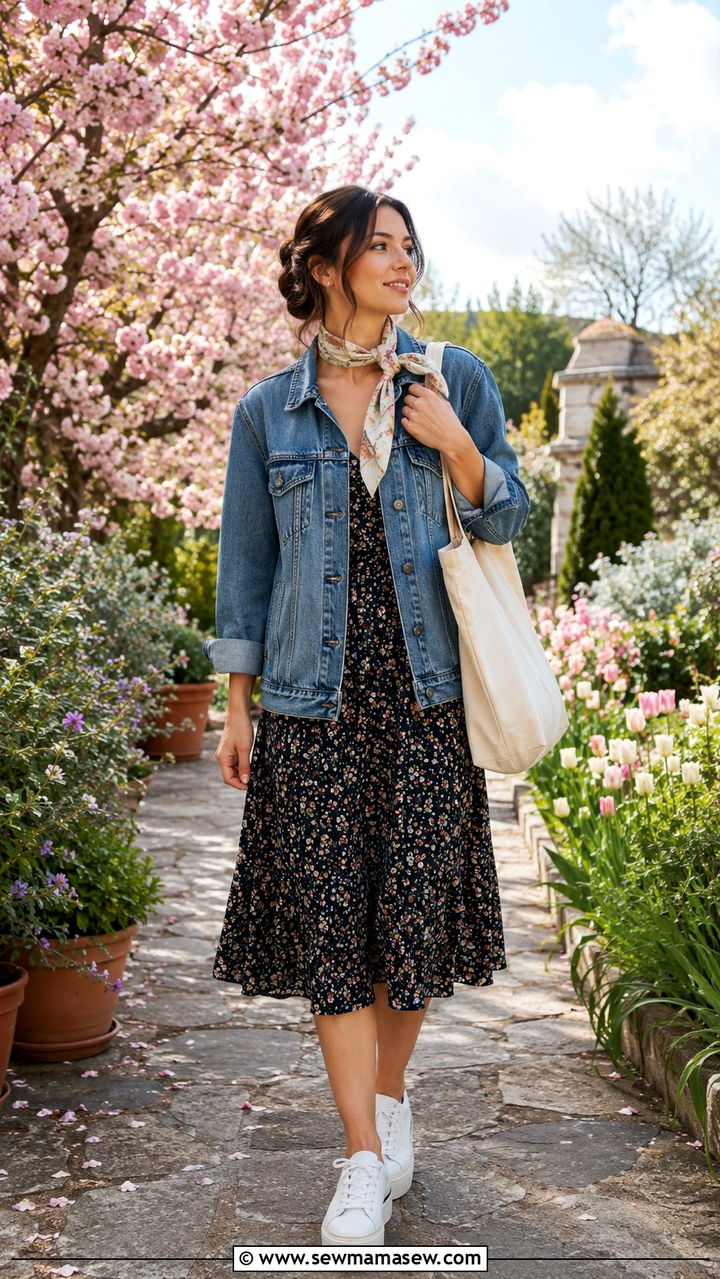 Denim Jacket Over Floral Midi Dress - 25 7 day travel capsule outfits