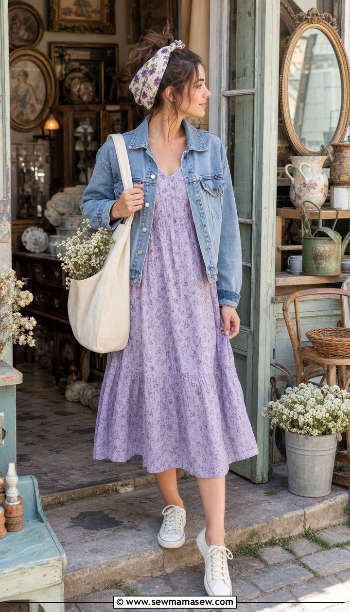 Denim Jacket Over Floral Midi Dress - 25 cottagecore capsule wardrobe outfits