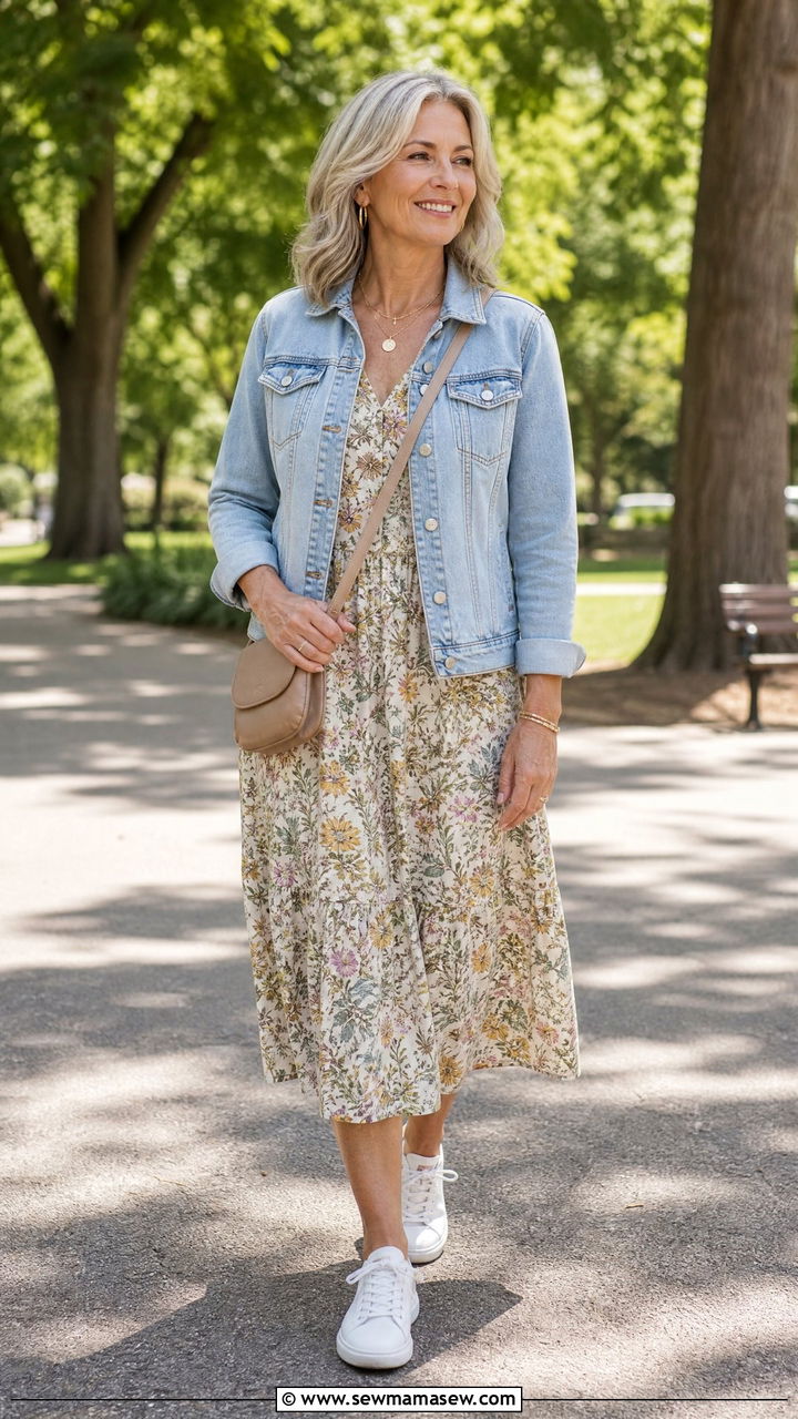 Denim Jacket Over Floral Midi Dress - 30 Summer capsule wardrobe over 50