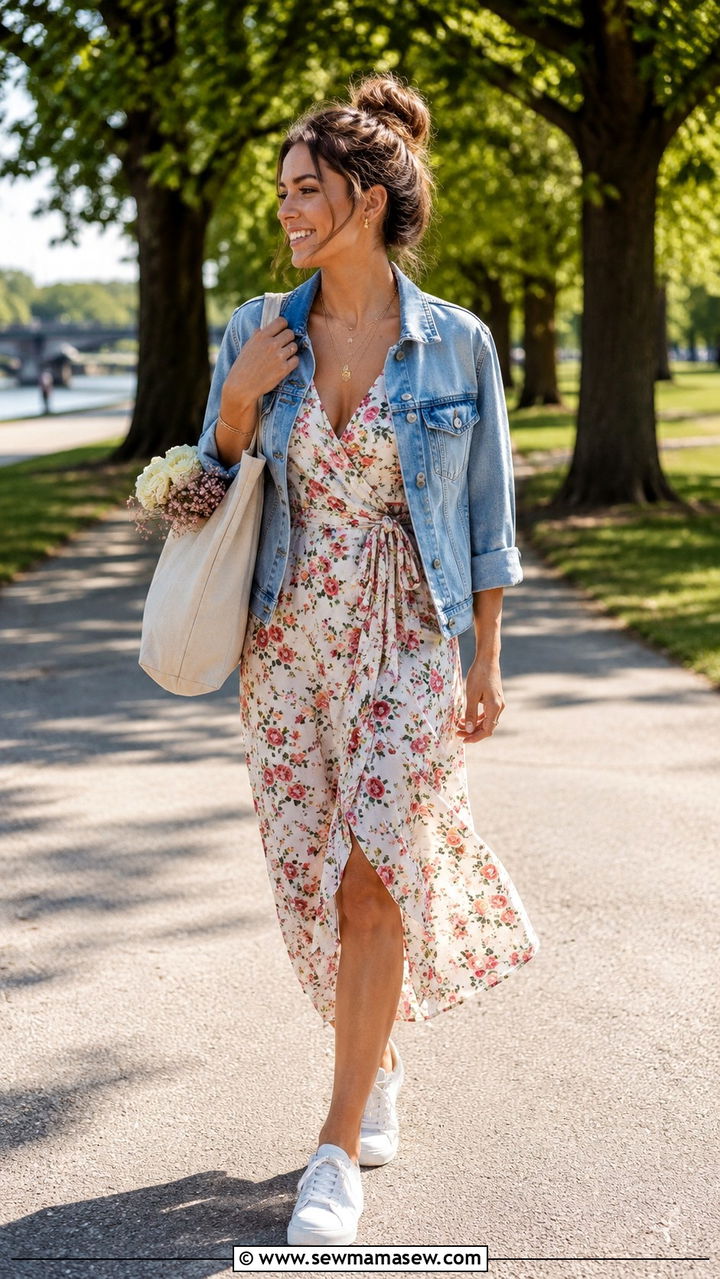 Denim Jacket Over Floral Midi Dress Birthday Outfit - 25 birthday outfits 2026